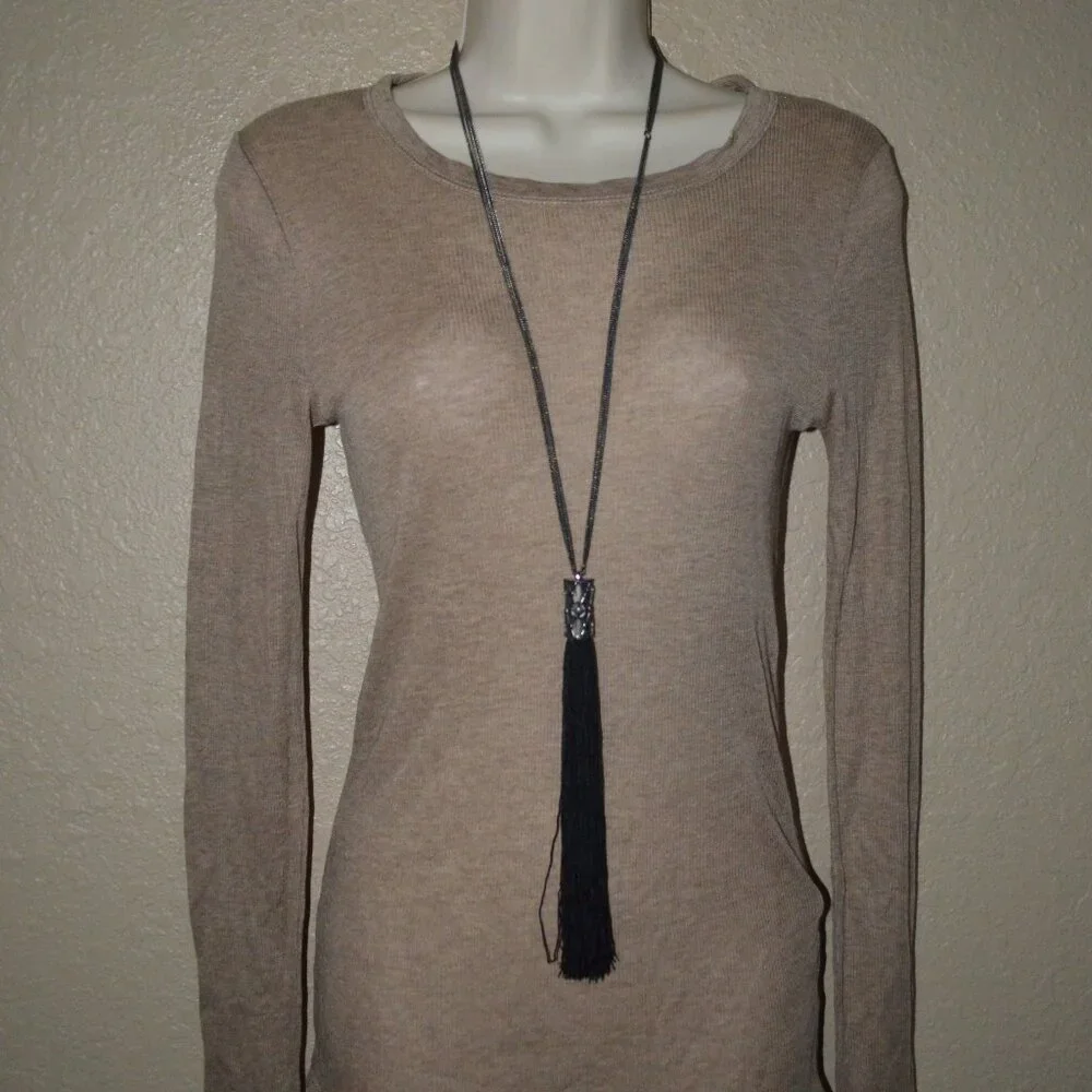 YSL Yves Saint Laurent Black Tassel Silver Chain Necklace